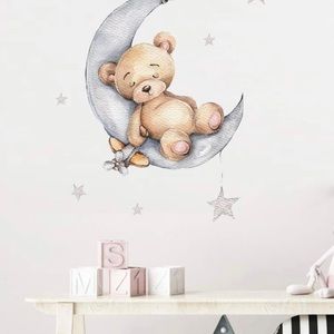 Baby Bear Nursery Wall Sticker Teddy Bear Sleeping in Moon W/ Stars New